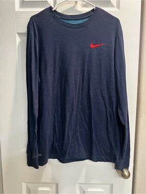 Nike Navy Long-Sleeve Crew Tee with Red Swoosh